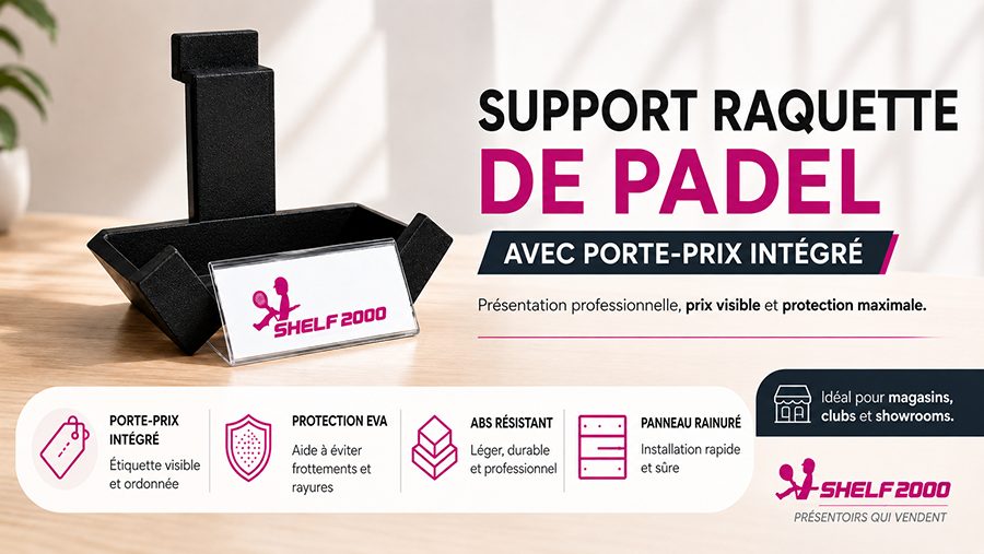 Infographie d&rsquo;un support pour raquette de padel avec porte-prix int&eacute;gr&eacute;, protection EVA et fixation sur panneau rainur&eacute;.